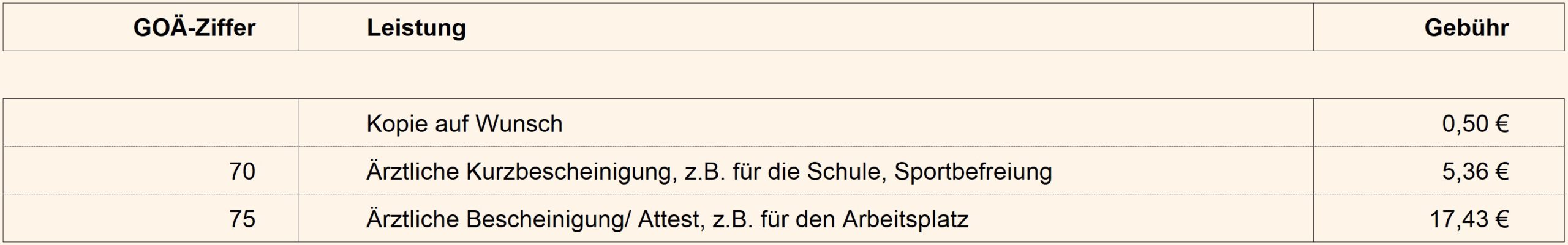 Tabelle mit angebotenen Privatleistungen/ Bescheinigungen der Arztpraxis Pirschheide - Thomas Hoffmann | Olaf Peter | Susanne Krebs